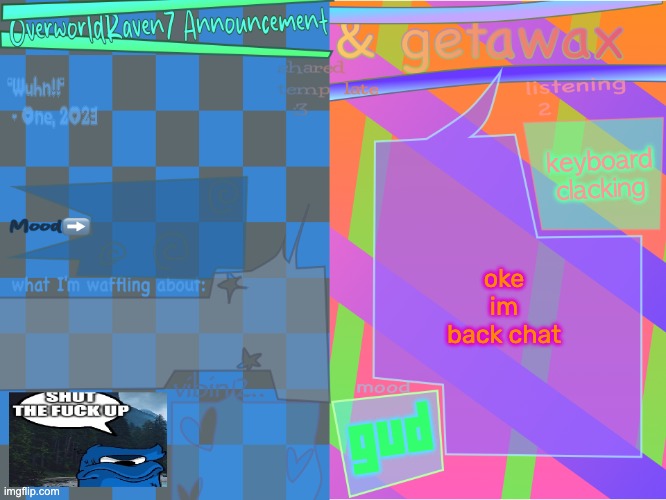 getawax and overworldraven shared announcement template | keyboard clacking; oke im back chat; gud | image tagged in getawax and overworldraven shared announcement template | made w/ Imgflip meme maker