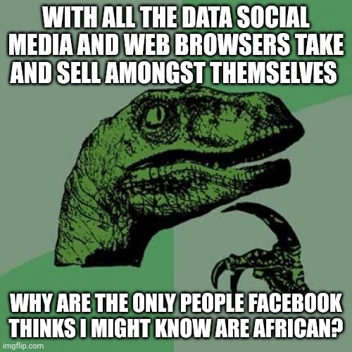 Where in my data are they getting this idea from? | WITH ALL THE DATA SOCIAL MEDIA AND WEB BROWSERS TAKE AND SELL AMONGST THEMSELVES; WHY ARE THE ONLY PEOPLE FACEBOOK THINKS I MIGHT KNOW ARE AFRICAN? | image tagged in memes,philosoraptor | made w/ Imgflip meme maker