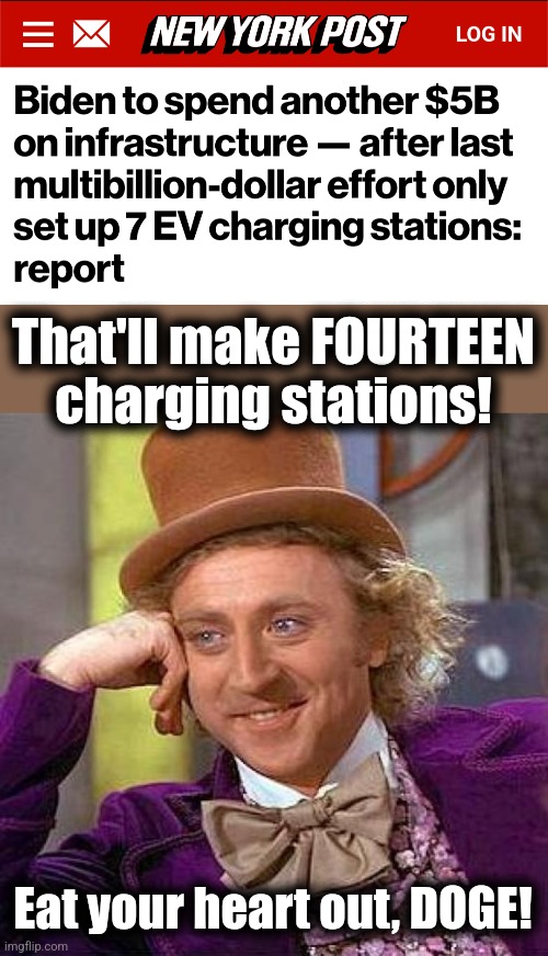 That'll make FOURTEEN charging stations! Eat your heart out, DOGE! | image tagged in memes,creepy condescending wonka,joe biden,wasteful government spending,electric vehicles,charging stations | made w/ Imgflip meme maker