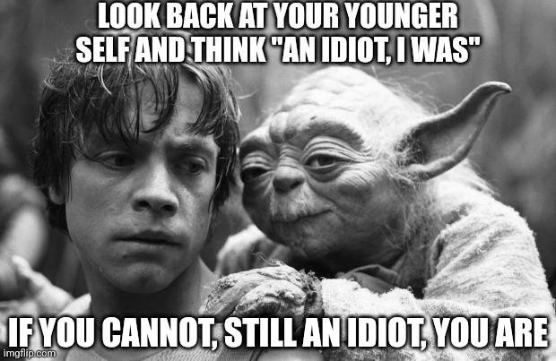 Yoda and Idiots | LOOK BACK AT YOUR YOUNGER SELF AND THINK "AN IDIOT, I WAS"; IF YOU CANNOT, STILL AN IDIOT, YOU ARE | image tagged in luke yoda | made w/ Imgflip meme maker