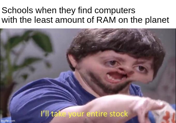 why is this so true | Schools when they find computers with the least amount of RAM on the planet | image tagged in i'll take your entire stock | made w/ Imgflip meme maker