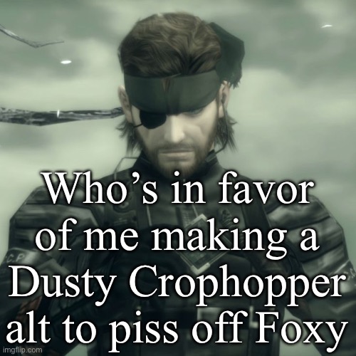 Metal Gear Solid Snake | Who’s in favor of me making a Dusty Crophopper alt to piss off Foxy | image tagged in metal gear solid snake | made w/ Imgflip meme maker