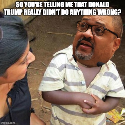 What a Waste of Taxpayers' Time and Money by a Lawfare Loony | SO YOU'RE TELLING ME THAT DONALD TRUMP REALLY DIDN'T DO ANYTHING WRONG? | image tagged in memes,third world skeptical kid | made w/ Imgflip meme maker