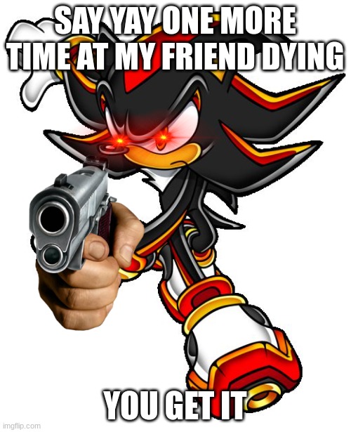 Shadow the hedgehog | SAY YAY ONE MORE TIME AT MY FRIEND DYING YOU GET IT | image tagged in shadow the hedgehog | made w/ Imgflip meme maker