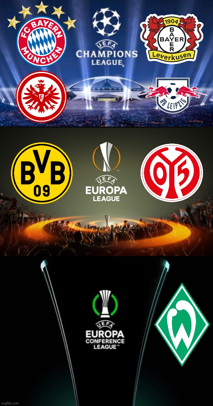 PREDICTION: Projected German Bundesliga's UEFA Club Competitions Teams 2025/2026 | image tagged in champions league,europa league,conference league,bayern,dortmund,leverkusen | made w/ Imgflip meme maker