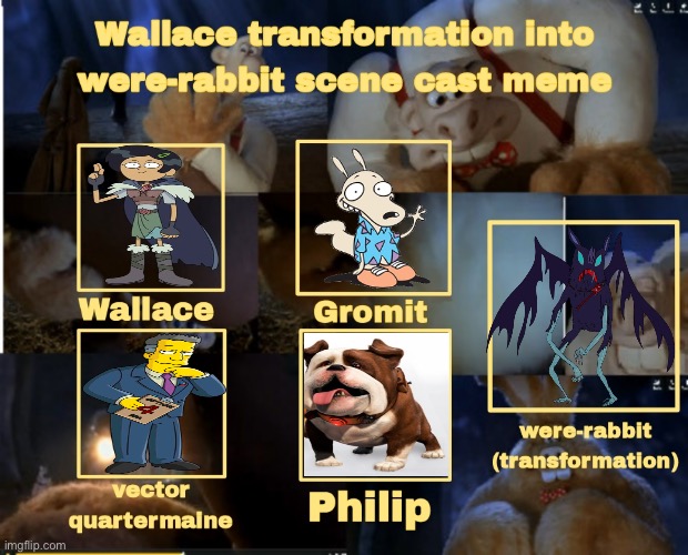 Marcy becomes a Were-Bat (Wallace and Gromit parody) | image tagged in wallace transformation into wererabbit scene cast meme,wallace and gromit,transformation,adventure time,rocko's modern life | made w/ Imgflip meme maker