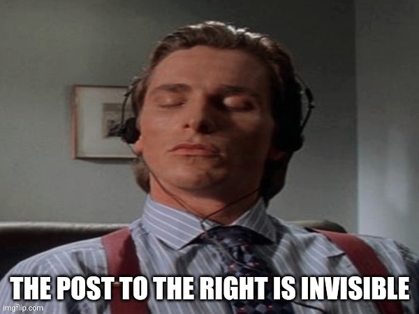 Patrick Bateman music | THE POST TO THE RIGHT IS INVISIBLE | image tagged in patrick bateman music | made w/ Imgflip meme maker