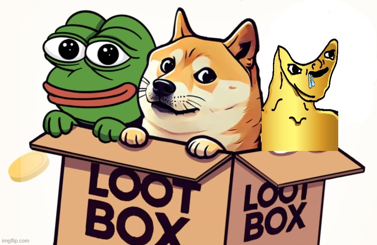 F is for friends that do stuff together | image tagged in meme loot box,sub75,pepe,doge,memecoin,crypto | made w/ Imgflip meme maker