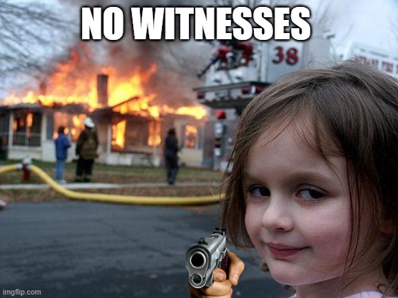 Disaster Girl | NO WITNESSES | image tagged in memes,disaster girl | made w/ Imgflip meme maker