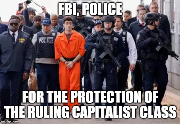 Luigi Mangione | FBI, POLICE; FOR THE PROTECTION OF THE RULING CAPITALIST CLASS | image tagged in luigi mangione,capitalism,brian thompson,unitedhealthcare,ceo,healthcare | made w/ Imgflip meme maker