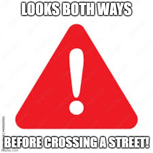 Litho.Joyride.'s safety template | LOOKS BOTH WAYS; BEFORE CROSSING A STREET! | image tagged in safety,hazards,memes | made w/ Imgflip meme maker