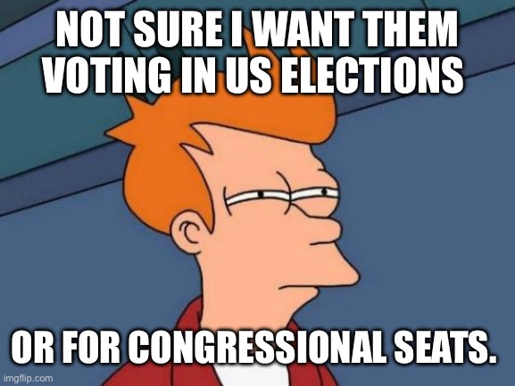 Futurama Fry Meme | NOT SURE I WANT THEM VOTING IN US ELECTIONS OR FOR CONGRESSIONAL SEATS. | image tagged in memes,futurama fry | made w/ Imgflip meme maker