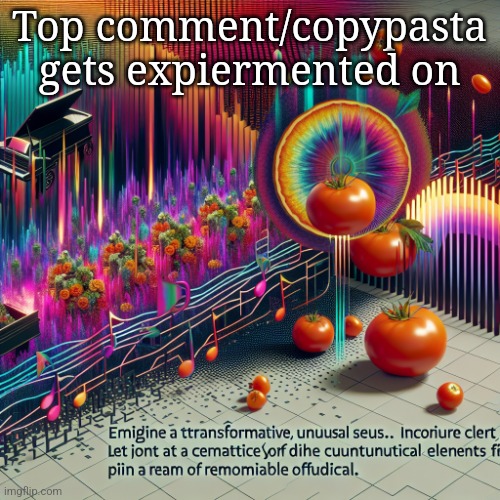 Has to be a copypasta | Top comment/copypasta gets expiermented on | image tagged in tomato expieriencies an acid trip | made w/ Imgflip meme maker