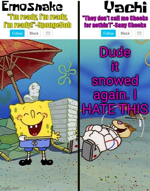 Emosnake and yachi temp | Dude it snowed again. I HATE THIS | image tagged in emosnake and yachi temp | made w/ Imgflip meme maker
