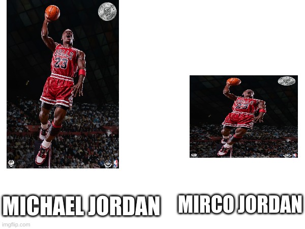 how did bro become a NBA player if hes that short? | MICHAEL JORDAN; MIRCO JORDAN | image tagged in memes,funny,basketball,michael jordan,fun stream,lol so funny | made w/ Imgflip meme maker