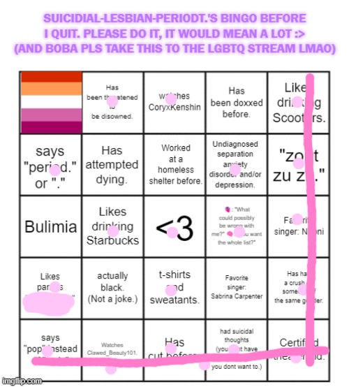 see ya, Zuri... | image tagged in suicidial-lesbian-periodt 's bingo card | made w/ Imgflip meme maker