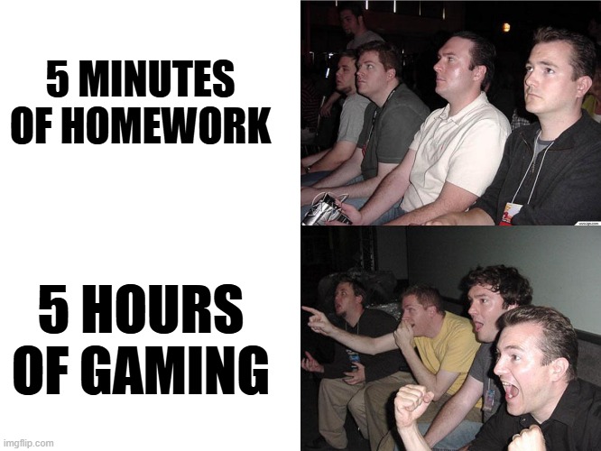 Reaction Guys | 5 MINUTES OF HOMEWORK; 5 HOURS OF GAMING | image tagged in reaction guys,memes,school memes | made w/ Imgflip meme maker