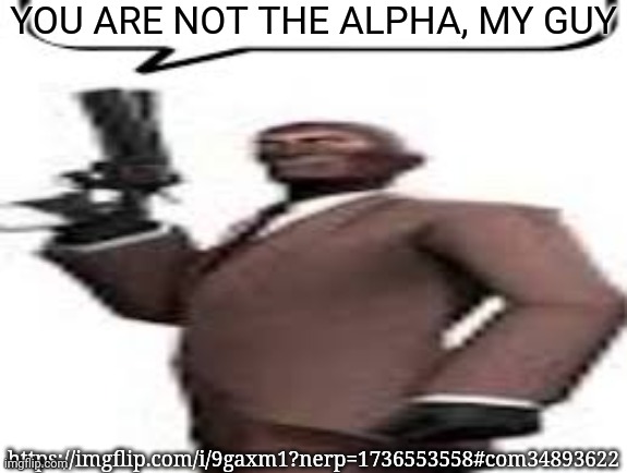 Tf2 spy | YOU ARE NOT THE ALPHA, MY GUY; https://imgflip.com/i/9gaxm1?nerp=1736553558#com34893622 | image tagged in tf2 spy,msmg,memes | made w/ Imgflip meme maker