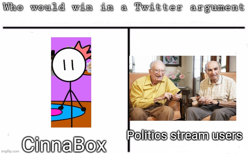 Pitting random mfs against each other | Politics stream users; CinnaBox | image tagged in pitting random mfs against each other,msmg,memes | made w/ Imgflip meme maker