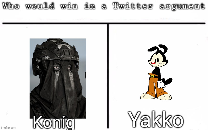 Yakko's the user | Yakko; Konig | image tagged in pitting random mfs against each other,msmg,memes | made w/ Imgflip meme maker