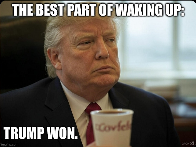 Covfefe-Pres | THE BEST PART OF WAKING UP:; TRUMP WON. | image tagged in covfefe-pres | made w/ Imgflip meme maker