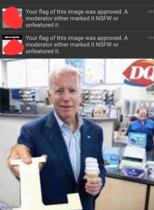 W mods | image tagged in joe holding the letter l | made w/ Imgflip meme maker