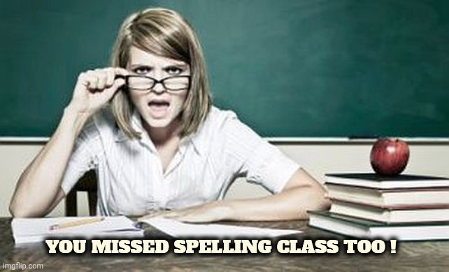 teacher | YOU MISSED SPELLING CLASS TOO ! | image tagged in teacher | made w/ Imgflip meme maker