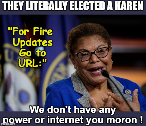 Karen Bass | THEY LITERALLY ELECTED A KAREN; "For Fire 
Updates
Go to
URL:"; We don't have any power or internet you moron ! | image tagged in karen bass | made w/ Imgflip meme maker