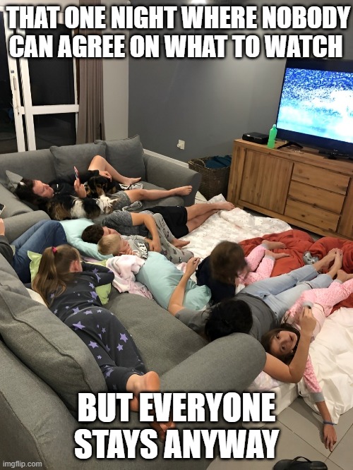 that moment! | THAT ONE NIGHT WHERE NOBODY CAN AGREE ON WHAT TO WATCH; BUT EVERYONE STAYS ANYWAY | image tagged in memes | made w/ Imgflip meme maker