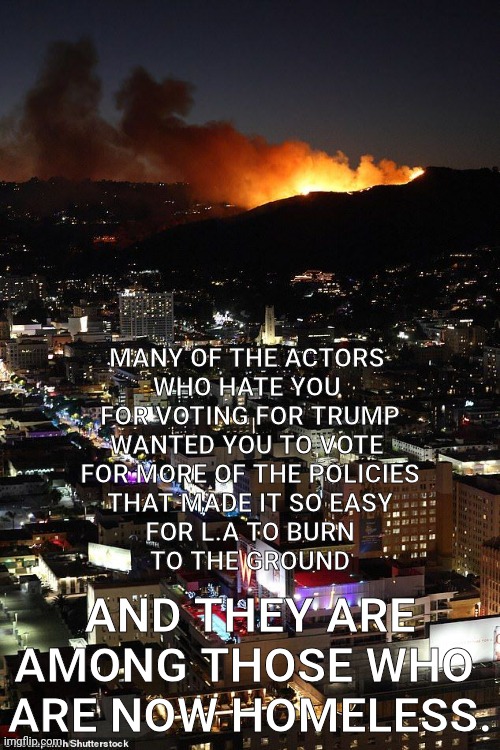 Bets on if The Rock and Oprah are gonna out come asking for money? Like the Lahaina Land Grab? | MANY OF THE ACTORS 
WHO HATE YOU 
FOR VOTING FOR TRUMP
WANTED YOU TO VOTE 
FOR MORE OF THE POLICIES
THAT MADE IT SO EASY
FOR L.A TO BURN
TO THE GROUND; AND THEY ARE
AMONG THOSE WHO 
ARE NOW HOMELESS. | made w/ Imgflip meme maker