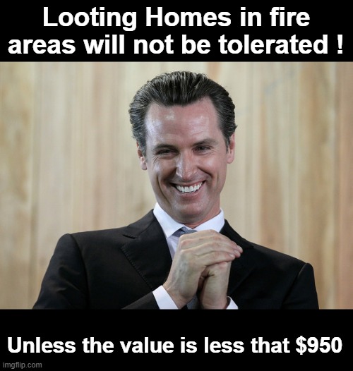 Scheming Gavin Newsom | Looting Homes in fire areas will not be tolerated ! Unless the value is less that $950 | image tagged in scheming gavin newsom | made w/ Imgflip meme maker