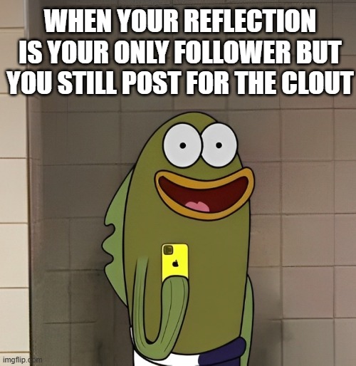 reflection | WHEN YOUR REFLECTION IS YOUR ONLY FOLLOWER BUT YOU STILL POST FOR THE CLOUT | image tagged in memes | made w/ Imgflip meme maker
