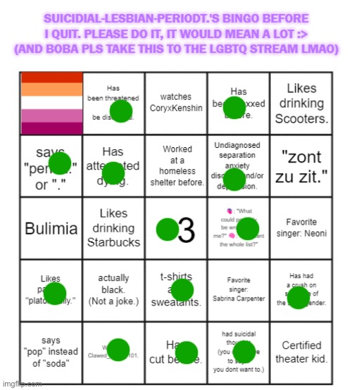 If u say pop instead of soda I no longer like u (/hj) | image tagged in suicidial-lesbian-periodt 's bingo card | made w/ Imgflip meme maker