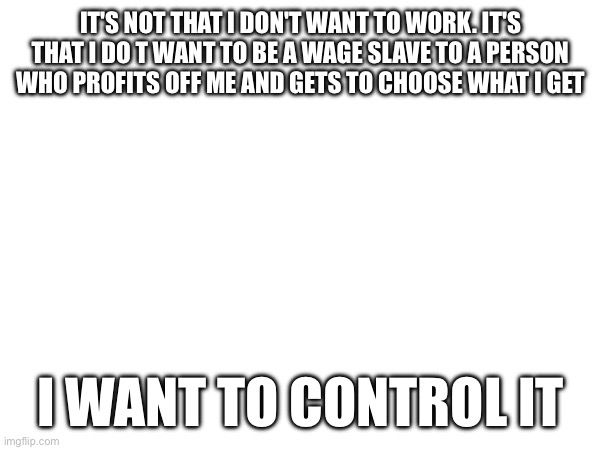 I want to own my body | IT'S NOT THAT I DON'T WANT TO WORK. IT'S THAT I DO T WANT TO BE A WAGE SLAVE TO A PERSON WHO PROFITS OFF ME AND GETS TO CHOOSE WHAT I GET; I WANT TO CONTROL IT | made w/ Imgflip meme maker