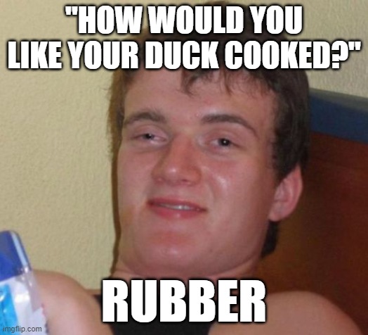 10 Guy Meme | "HOW WOULD YOU LIKE YOUR DUCK COOKED?"; RUBBER | image tagged in memes,10 guy | made w/ Imgflip meme maker