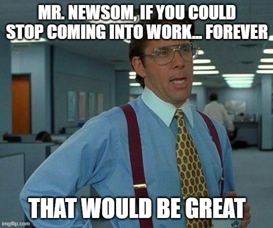 Newsom | MR. NEWSOM, IF YOU COULD STOP COMING INTO WORK... FOREVER; THAT WOULD BE GREAT | image tagged in memes,that would be great | made w/ Imgflip meme maker