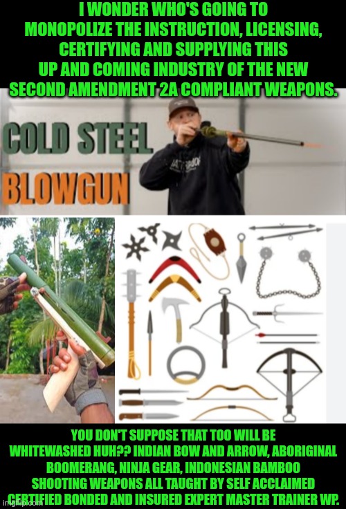 Funny | I WONDER WHO'S GOING TO MONOPOLIZE THE INSTRUCTION, LICENSING, CERTIFYING AND SUPPLYING THIS UP AND COMING INDUSTRY OF THE NEW SECOND AMENDMENT 2A COMPLIANT WEAPONS. YOU DON'T SUPPOSE THAT TOO WILL BE WHITEWASHED HUH?? INDIAN BOW AND ARROW, ABORIGINAL BOOMERANG, NINJA GEAR, INDONESIAN BAMBOO SHOOTING WEAPONS ALL TAUGHT BY SELF ACCLAIMED CERTIFIED BONDED AND INSURED EXPERT MASTER TRAINER WP. | image tagged in funny,2a,second amendment,gun control,gun laws,gun safety | made w/ Imgflip meme maker