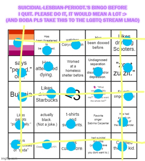 suicidial-lesbian-periodt.'s bingo card | image tagged in suicidial-lesbian-periodt 's bingo card | made w/ Imgflip meme maker