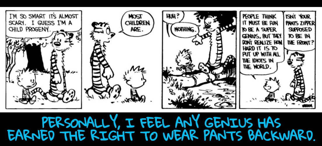 We've Earned the Right (no matter what our siblings say) | PERSONALLY, I FEEL ANY GENIUS HAS EARNED THE RIGHT TO WEAR PANTS BACKWARD. | image tagged in genius,sibling rivalry | made w/ Imgflip meme maker