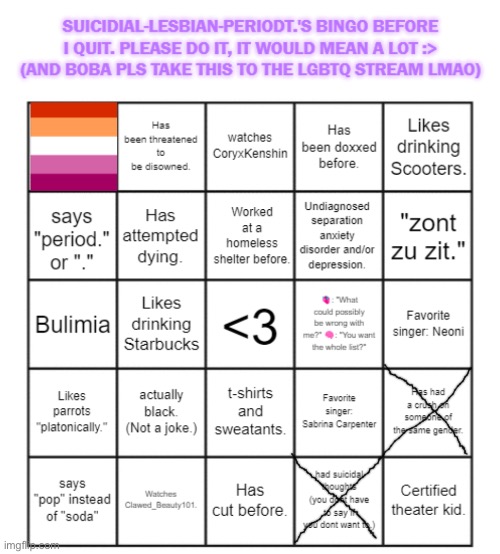 wow. | image tagged in suicidial-lesbian-periodt 's bingo card | made w/ Imgflip meme maker