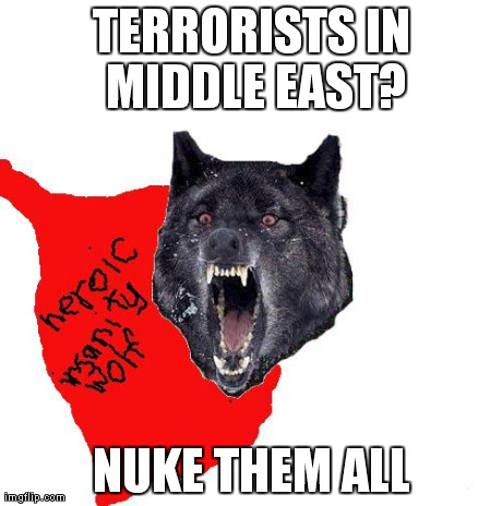 TERRORISTS IN MIDDLE EAST? NUKE THEM ALL | image tagged in heroic insanity wolf | made w/ Imgflip meme maker