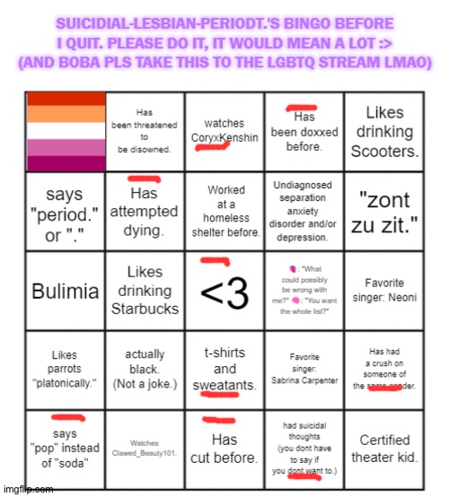 image tagged in suicidial-lesbian-periodt 's bingo card | made w/ Imgflip meme maker
