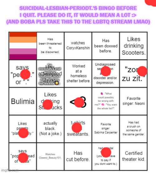 suicidial-lesbian-periodt.'s bingo card | I’ve intentionally a small amount of mouthwash before (haha very funny Nat reference 🙄) | image tagged in suicidial-lesbian-periodt 's bingo card | made w/ Imgflip meme maker