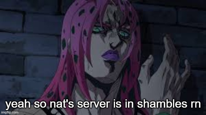 diavolo | yeah so nat's server is in shambles rn | image tagged in diavolo | made w/ Imgflip meme maker