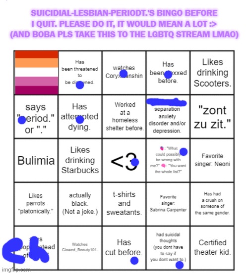image tagged in suicidial-lesbian-periodt 's bingo card | made w/ Imgflip meme maker