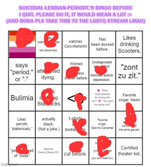 suicidial-lesbian-periodt.'s bingo card | image tagged in suicidial-lesbian-periodt 's bingo card | made w/ Imgflip meme maker