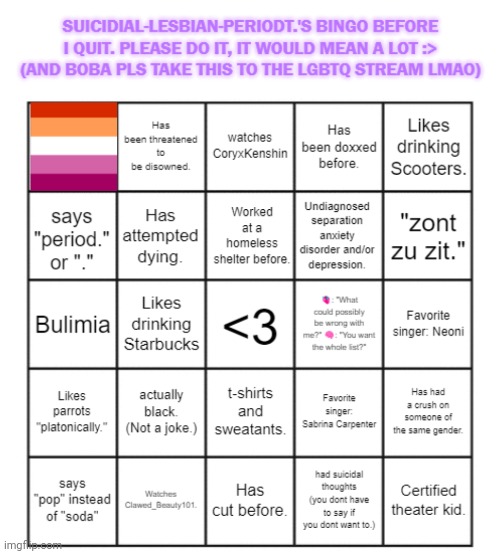 Wait i unironically don't do anything of that | image tagged in suicidial-lesbian-periodt 's bingo card | made w/ Imgflip meme maker