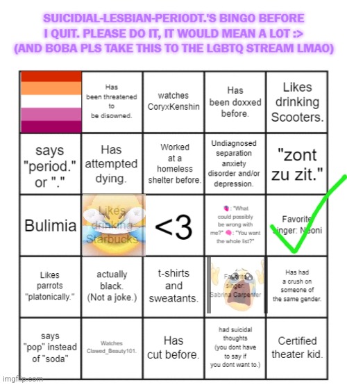 image tagged in suicidial-lesbian-periodt 's bingo card | made w/ Imgflip meme maker