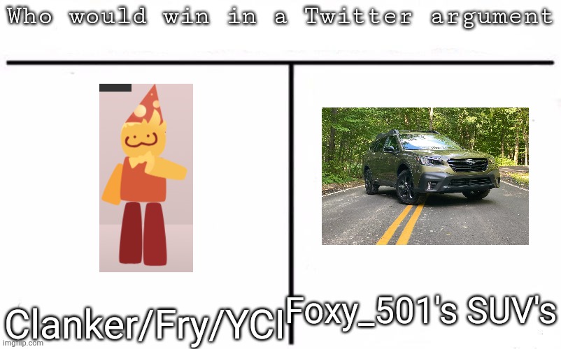 Pitting random mfs against each other | Foxy_501's SUV's; Clanker/Fry/YCI | image tagged in pitting random mfs against each other,msmg,memes | made w/ Imgflip meme maker