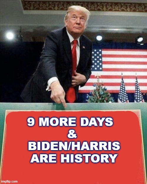 Trump points at sign | 9 MORE DAYS 
&
 BIDEN/HARRIS
 ARE HISTORY | image tagged in trump points at sign | made w/ Imgflip meme maker